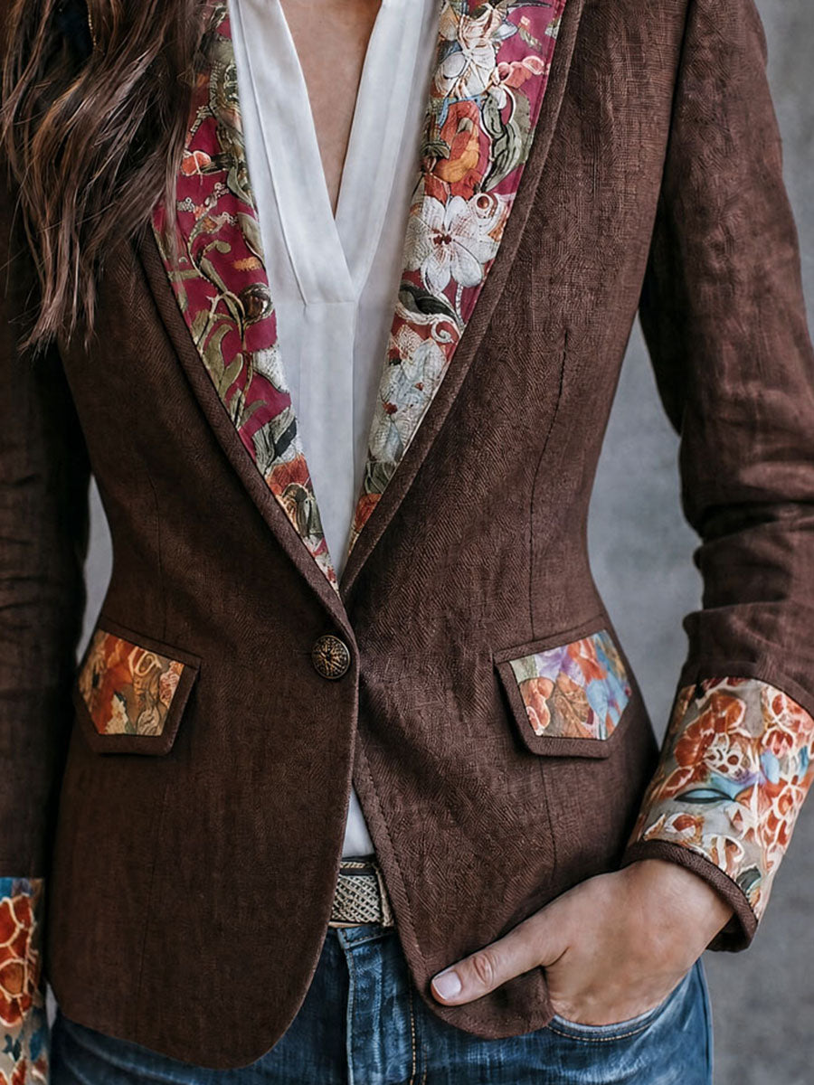Vintage Brown Textured Linen Blazer With Floral Contrast Lapel And Cuffs
