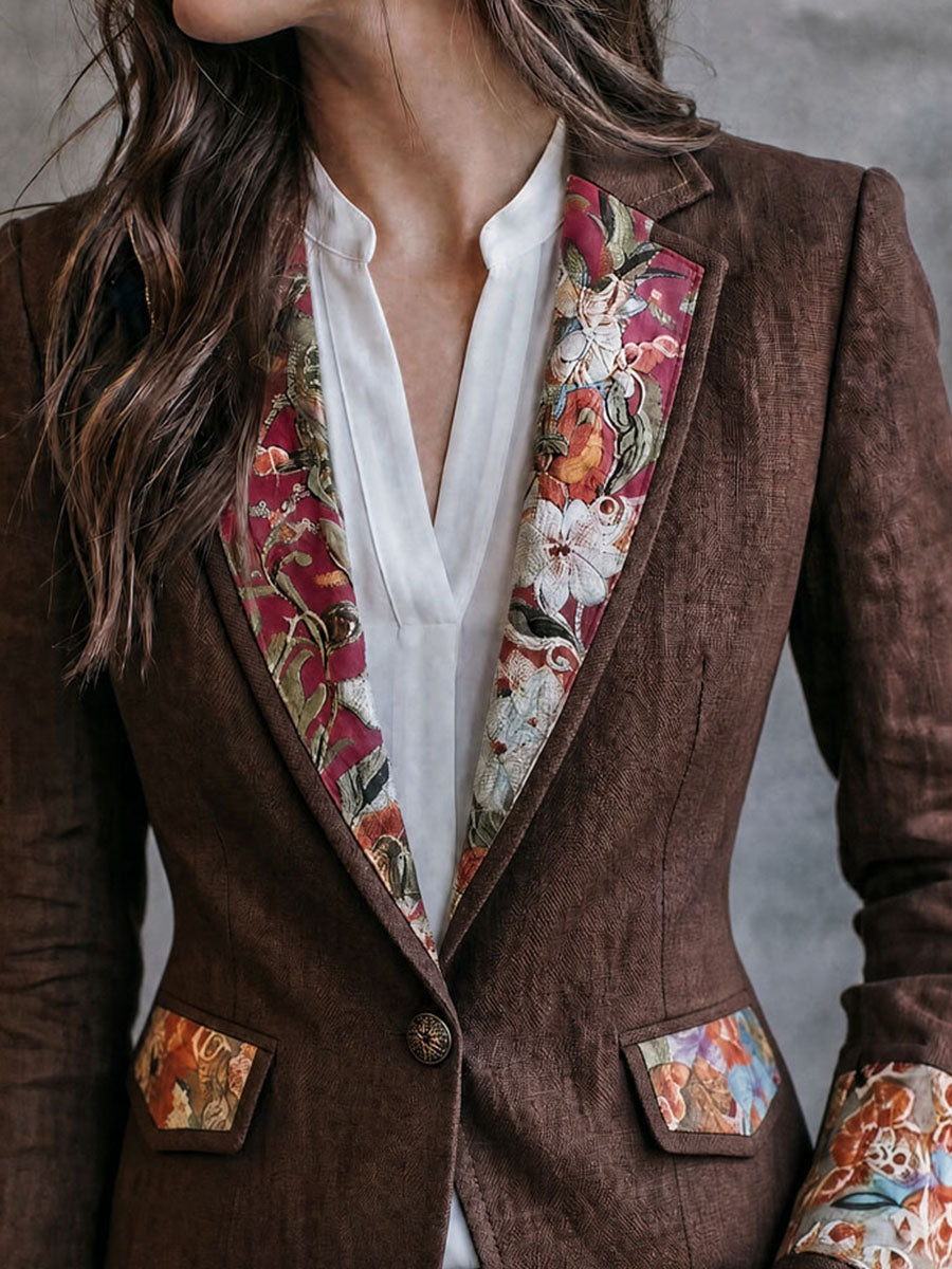 Vintage Brown Textured Linen Blazer With Floral Contrast Lapel And Cuffs