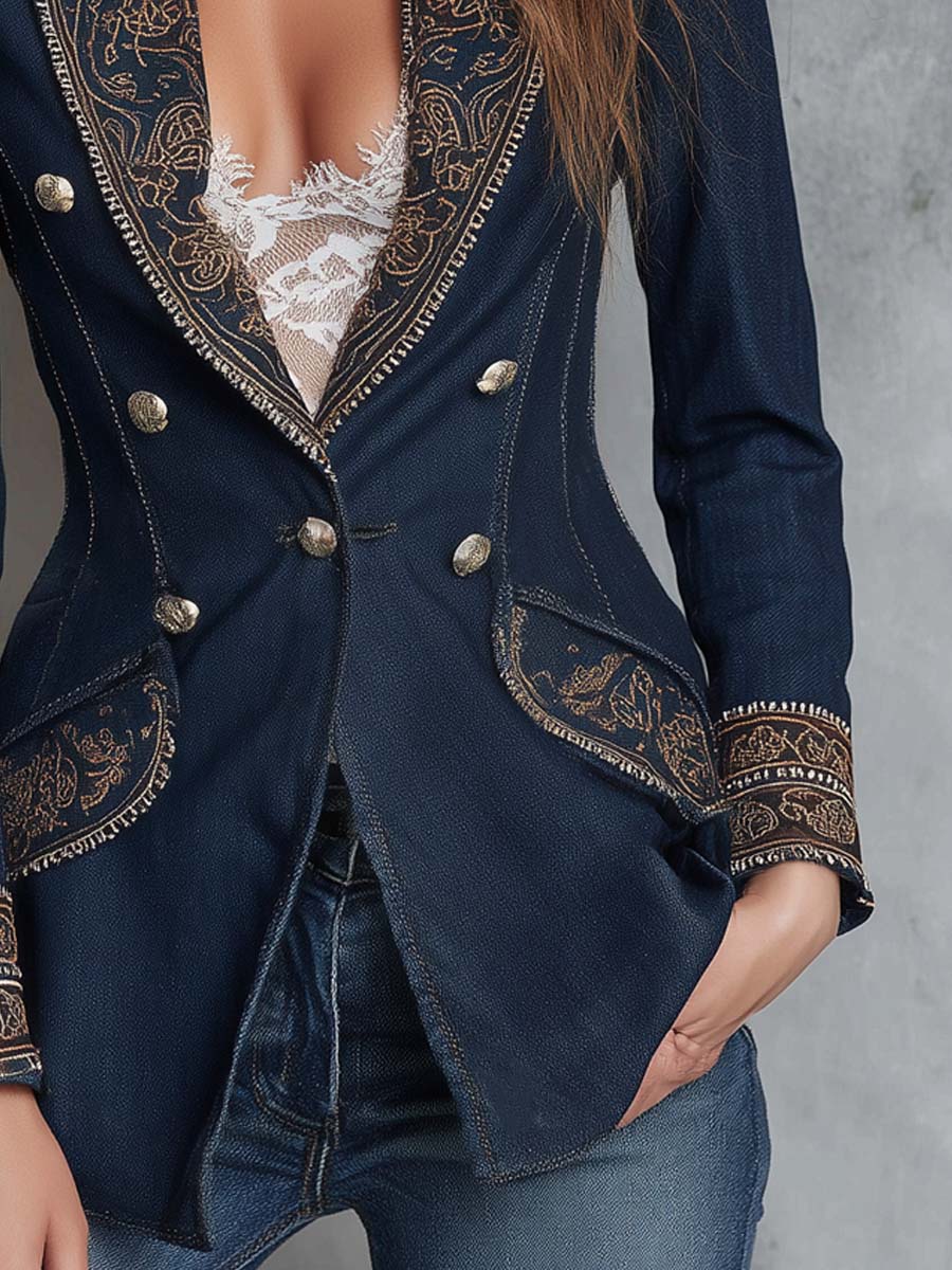 Vintage Paisley Embroidered Denim Blazer