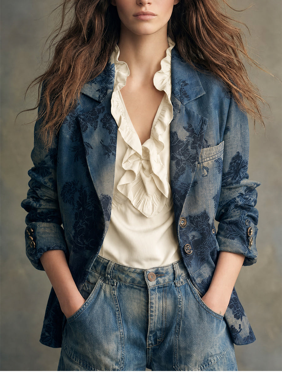 Washed Floral Print Denim Blazer