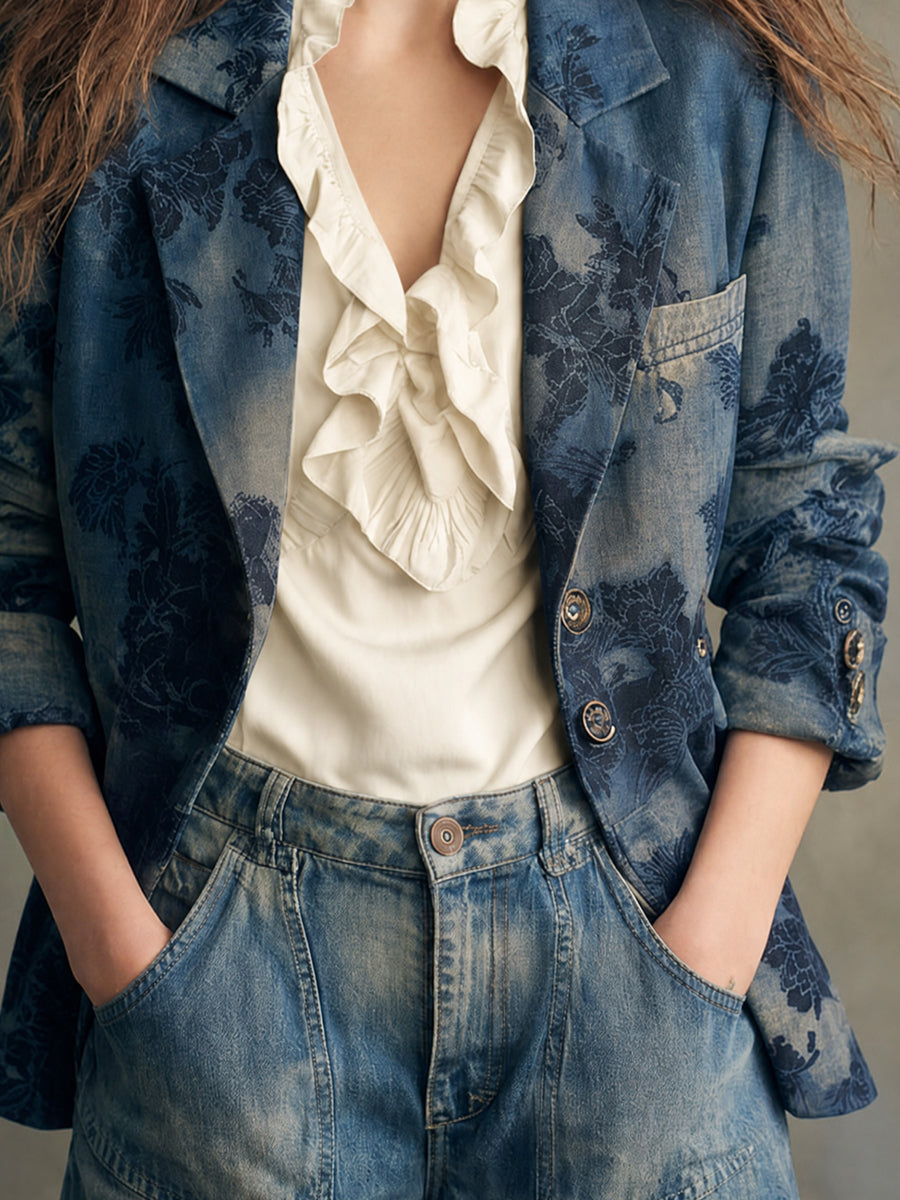 Washed Floral Print Denim Blazer