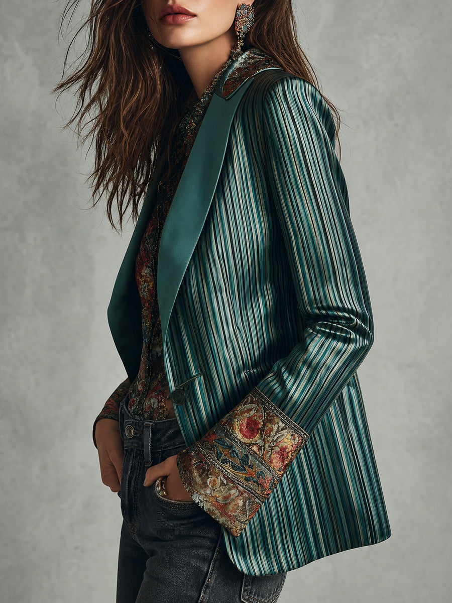 Retro Striped Satin Blazer With Lapel Collar