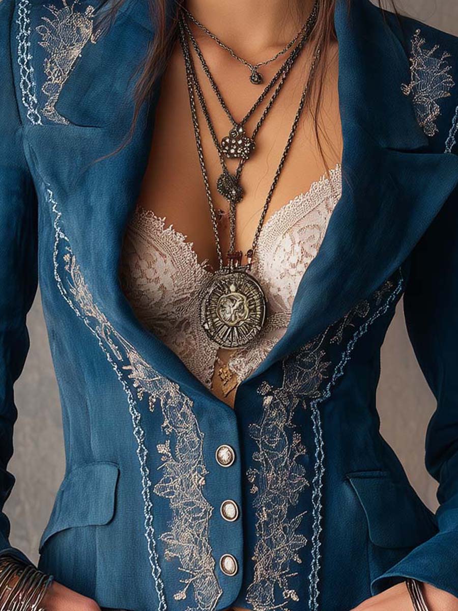 Vintage Floral Embroidered Notched Collar Cropped Slim Fit Suede Blazer Jacket