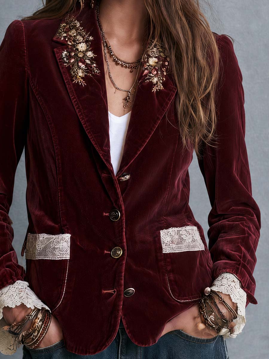 Boho Burgundy Floral Embroidered Lace Trim Blazer