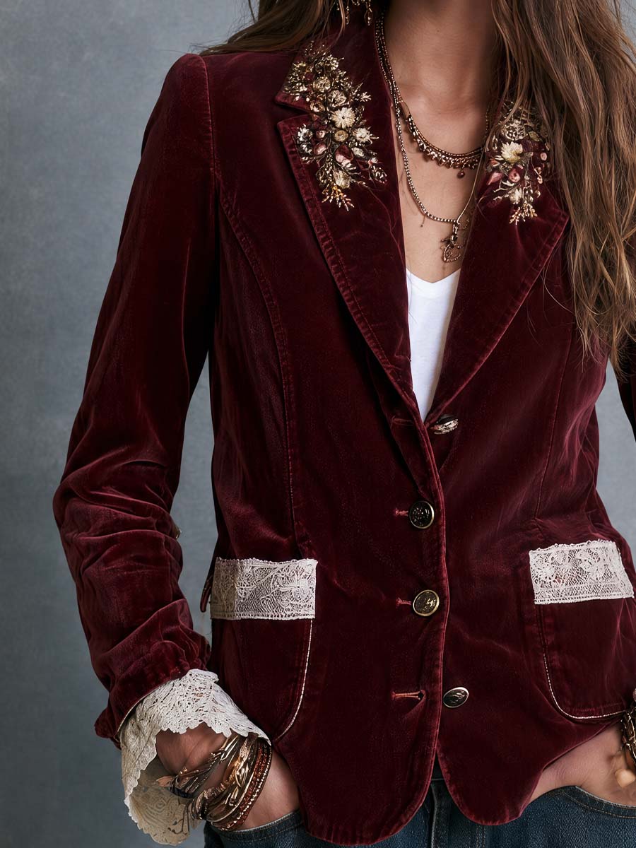 Boho Burgundy Floral Embroidered Lace Trim Blazer