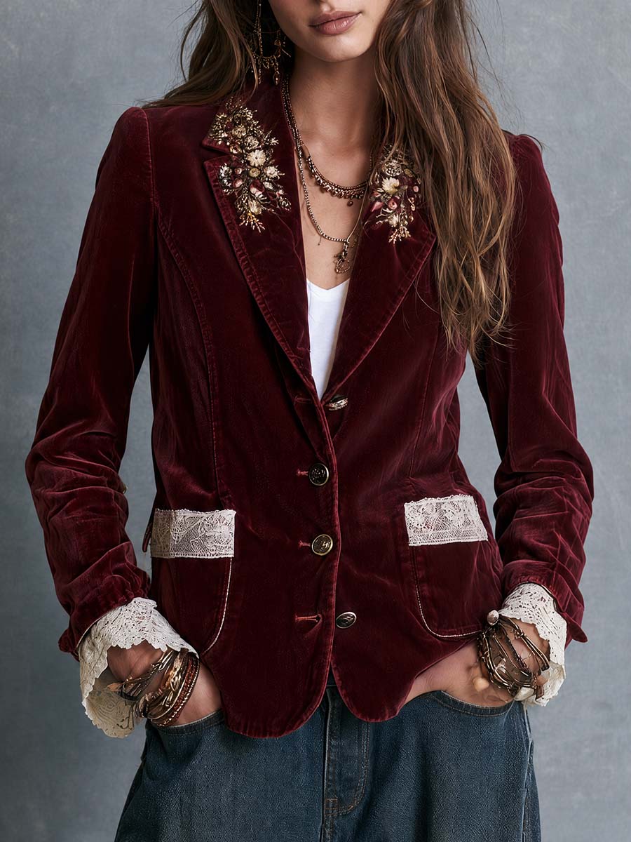 Boho Burgundy Floral Embroidered Lace Trim Blazer