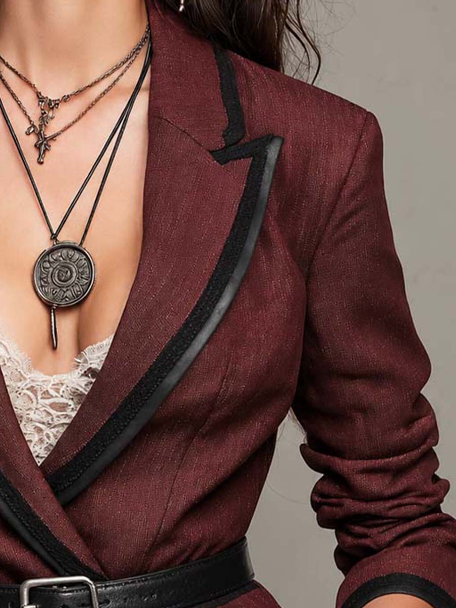 Wrap Front Fitted Linen Blazer Black Faux Leather Trim Belted Burgundy Jacket