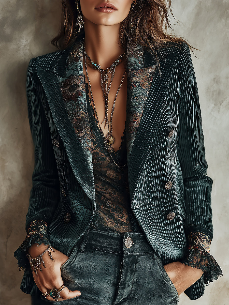 Quiet Luxury Printed Panel Corduroy Blazer With Lapel Collar