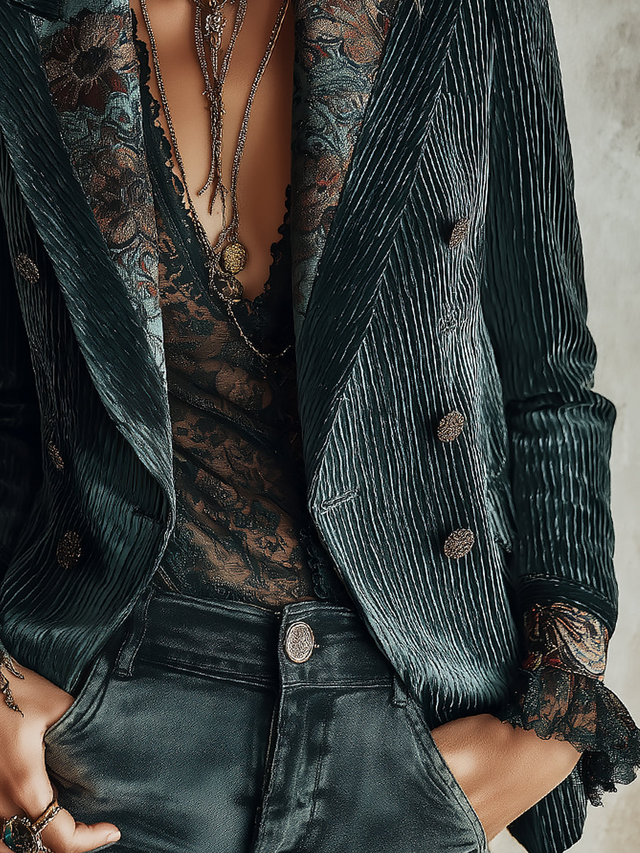 Quiet Luxury Printed Panel Corduroy Blazer With Lapel Collar