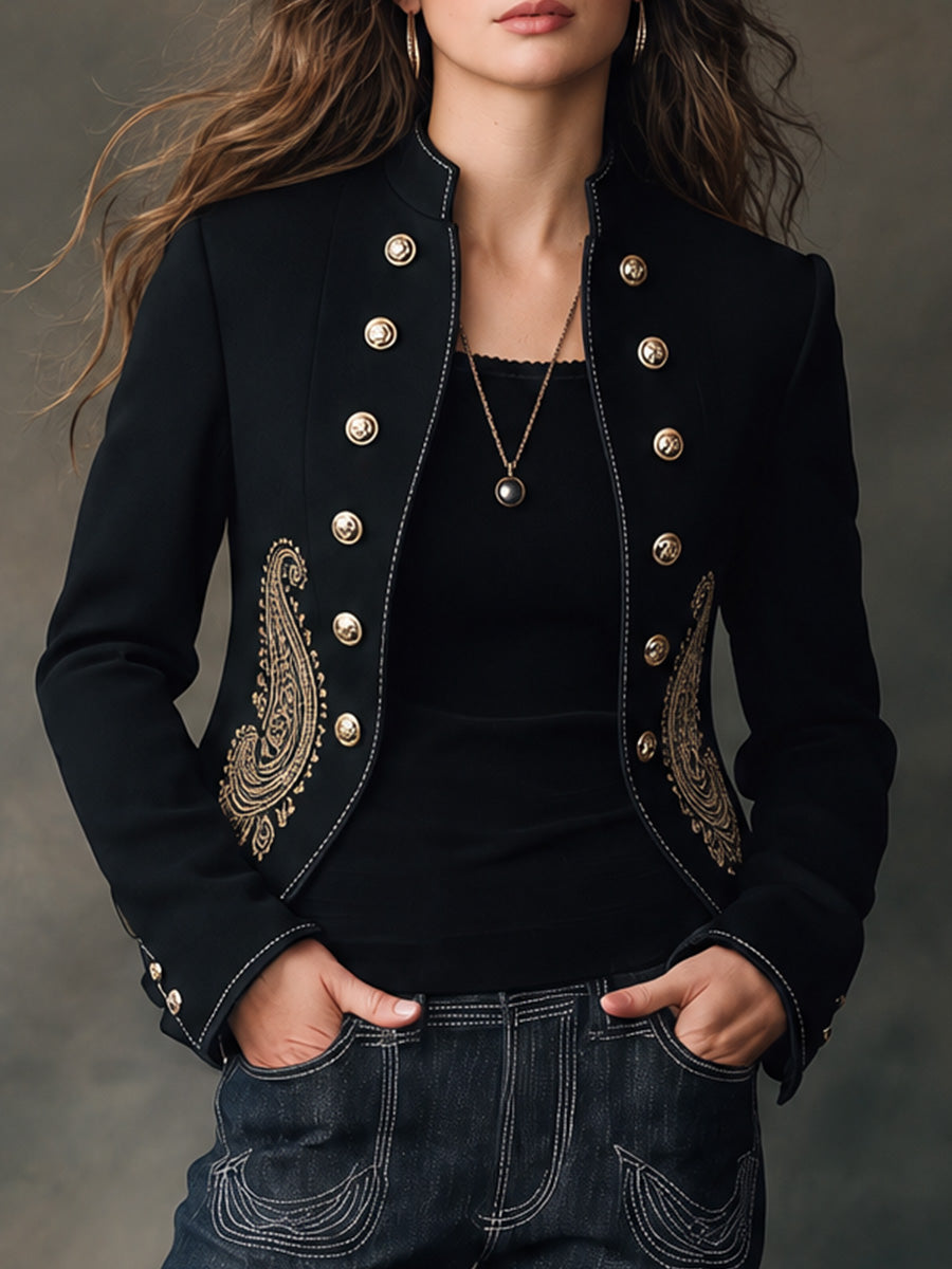 Black Paisley Embroidered Military Jacket