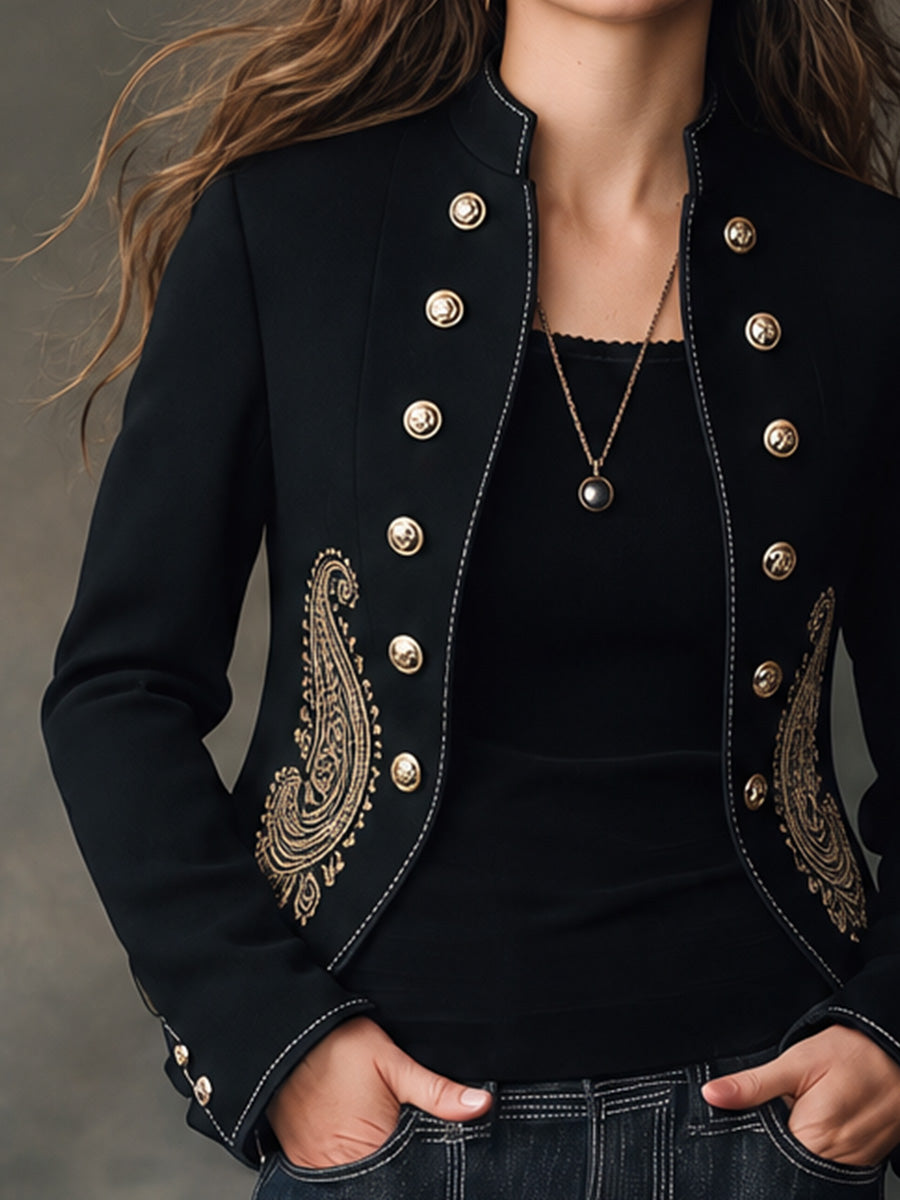 Black Paisley Embroidered Military Jacket