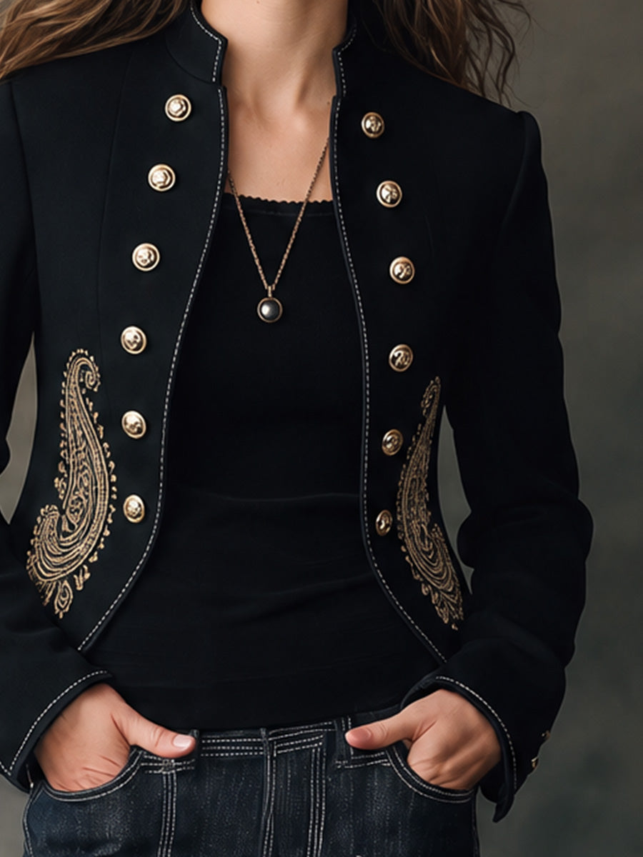 Black Paisley Embroidered Military Jacket