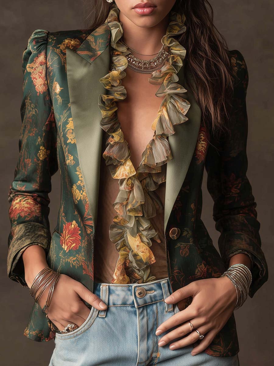Vintage Dark Green Floral Satin Blazer Contrast Sage Lapel Puffed Shoulder Slim Fit Single Breasted Jacket