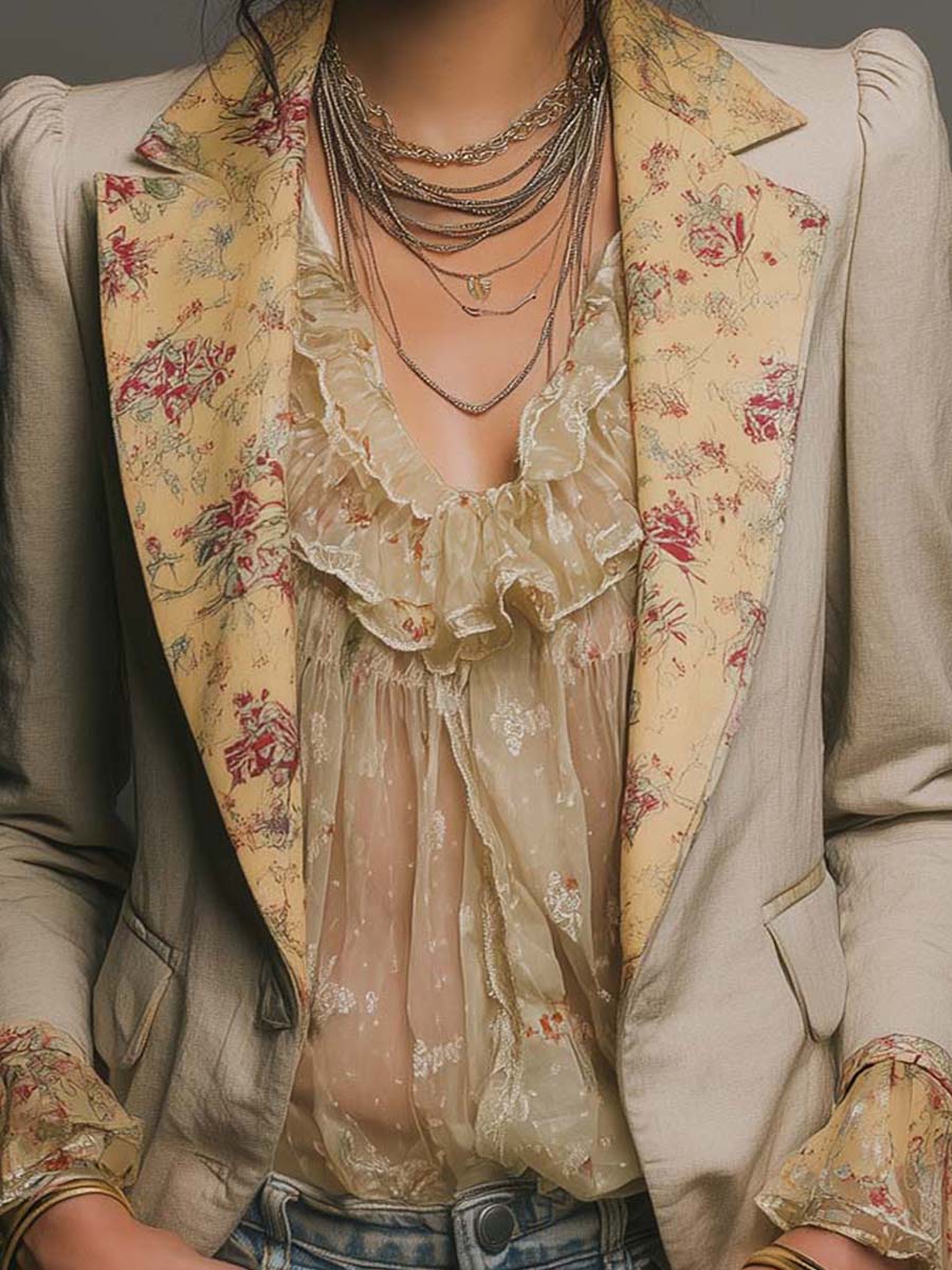 Boho Light Beige Woven Blazer Contrast Cream Floral Chiffon Lapel Cuffs Puffed Shoulder Jacket