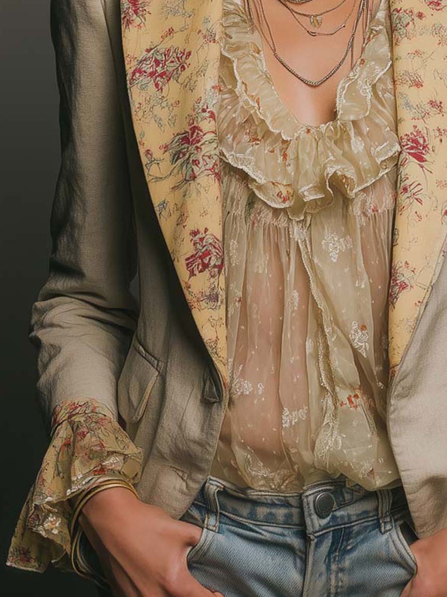 Boho Light Beige Woven Blazer Contrast Cream Floral Chiffon Lapel Cuffs Puffed Shoulder Jacket