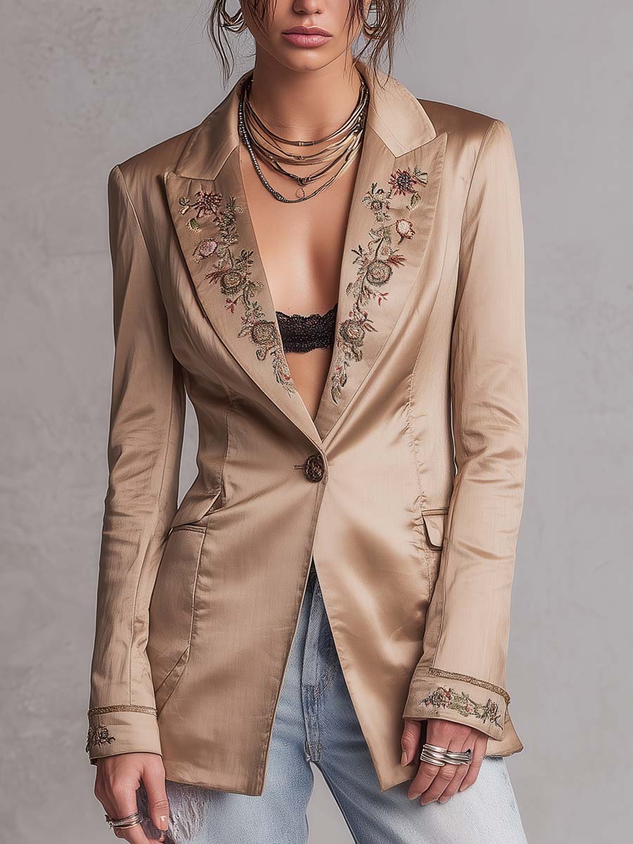 Boho Light Khaki Shiny Woven Blazer Floral Embroidery On Lapel & Cuffs Slim Fit Long Sleeve Jacket
