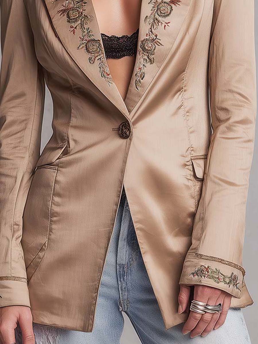 Boho Light Khaki Shiny Woven Blazer Floral Embroidery On Lapel & Cuffs Slim Fit Long Sleeve Jacket