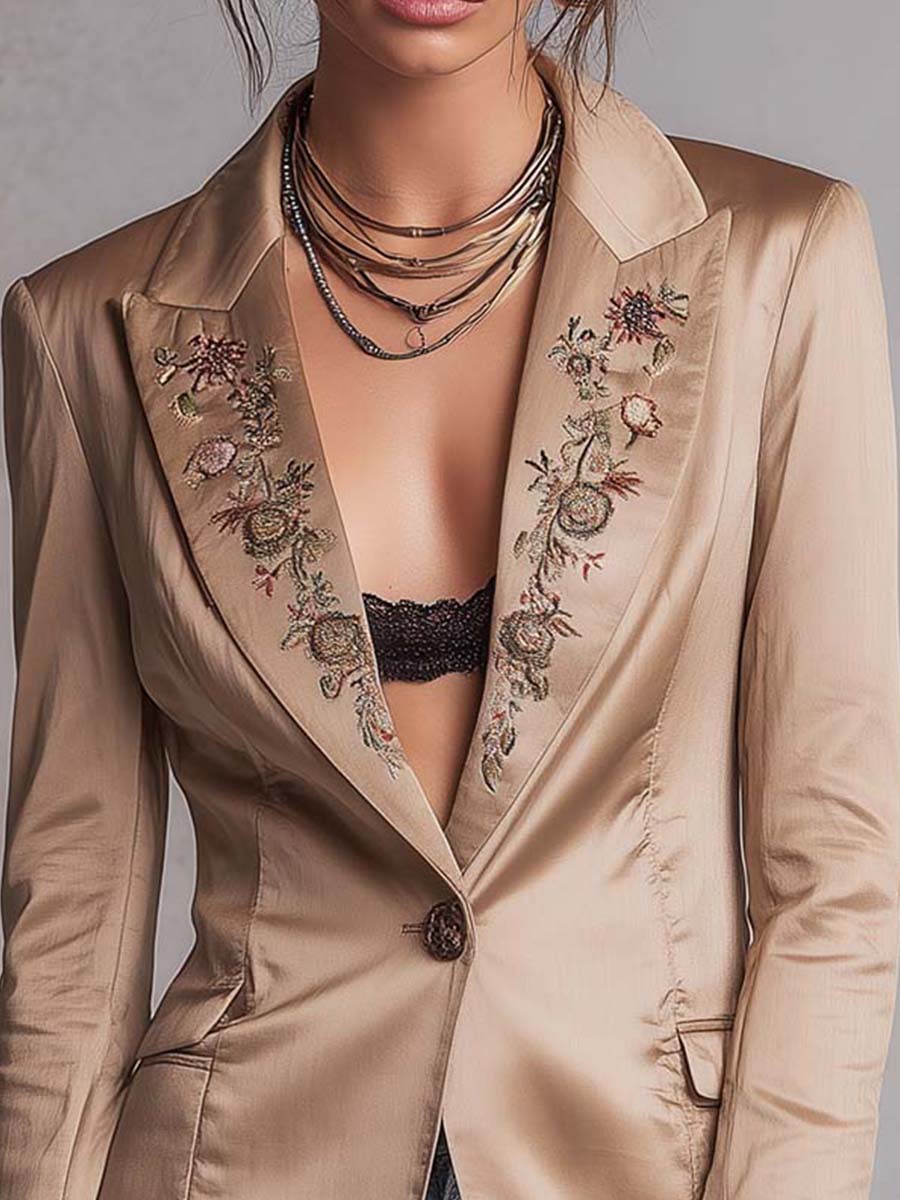 Boho Light Khaki Shiny Woven Blazer Floral Embroidery On Lapel & Cuffs Slim Fit Long Sleeve Jacket