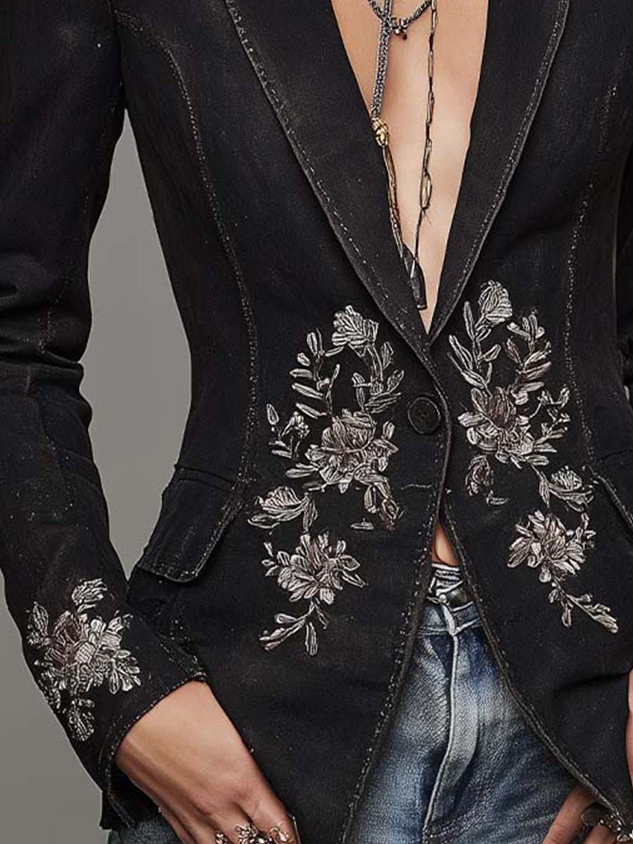 Vintage Washed Black Denim Tailored Blazer Silver Floral Embroidery Slim Fit One Button Western Boho Jacket