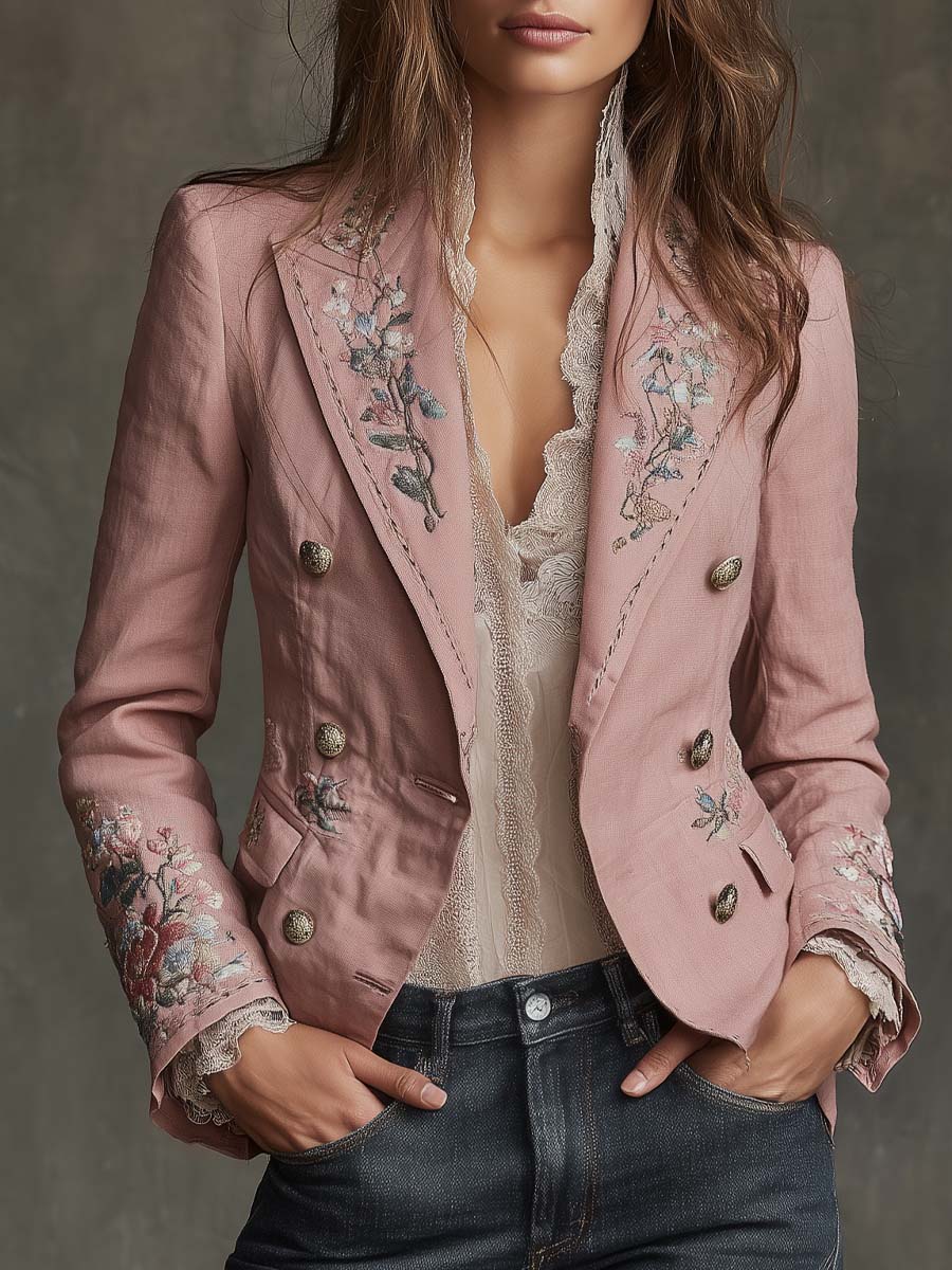 Vintage Cotton-linen Floral Embroidered Blazer