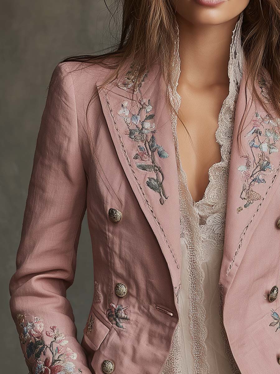 Vintage Cotton-linen Floral Embroidered Blazer