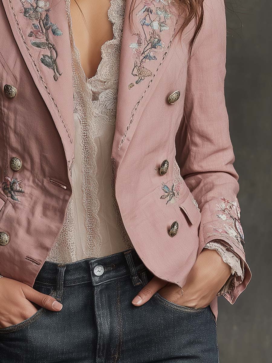 Vintage Cotton-linen Floral Embroidered Blazer