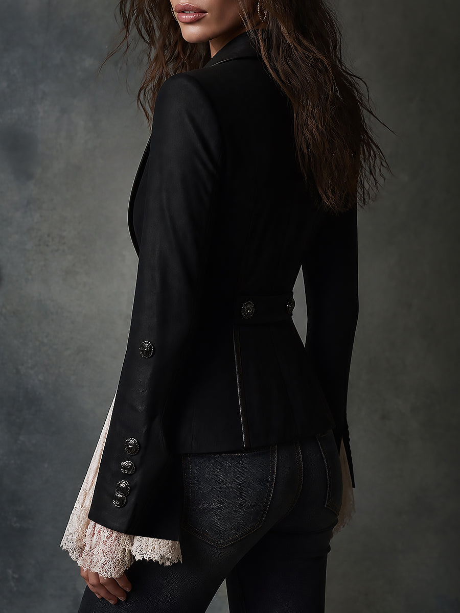 Retro Faux Leather Lapel Fitted Blazer With Slit cuffs