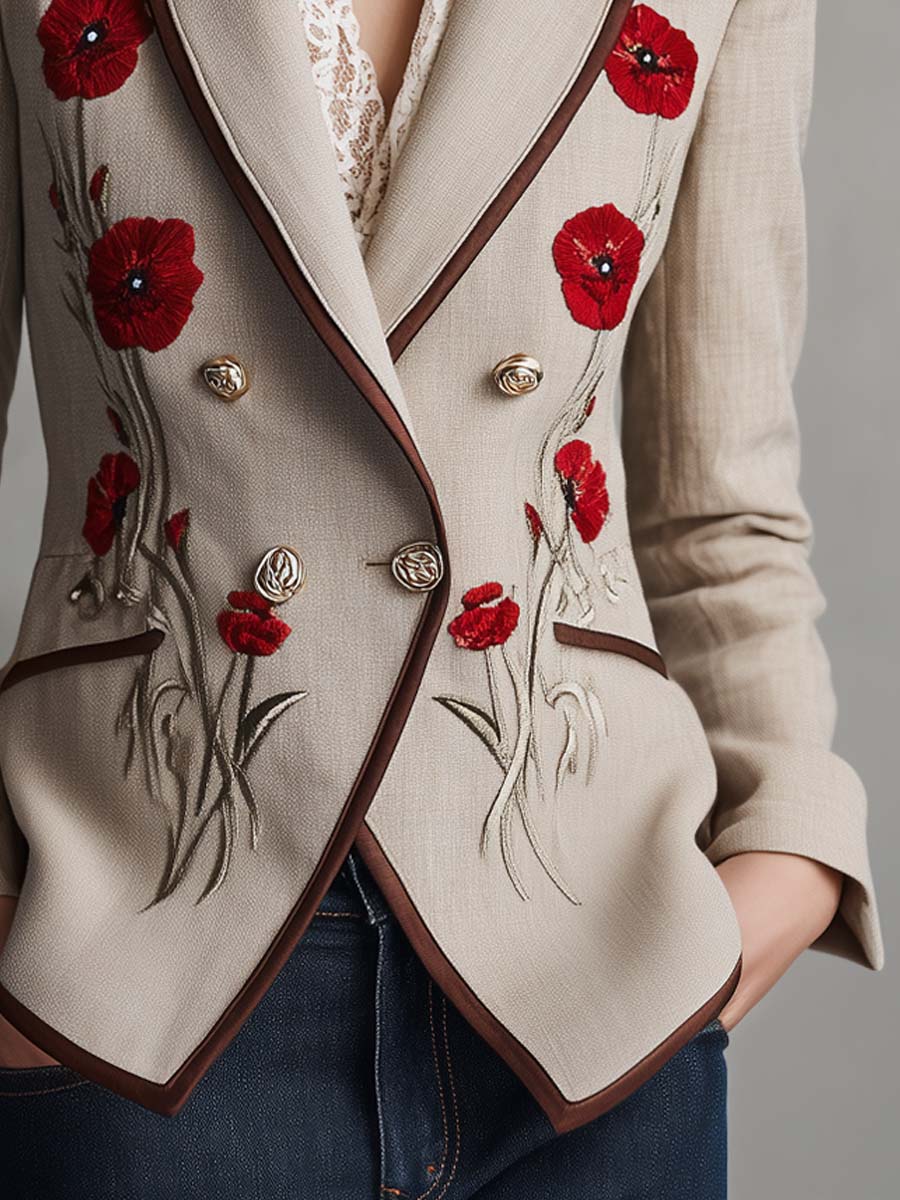 Vintage Poppy Embroidered Cotton-linen Blazer