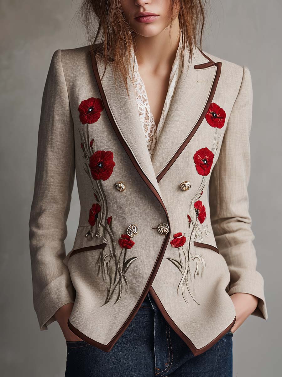 Vintage Poppy Embroidered Cotton-linen Blazer
