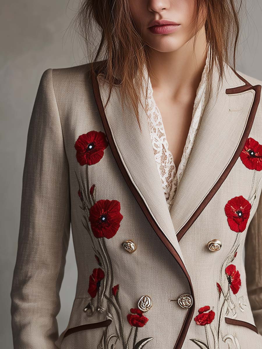 Vintage Poppy Embroidered Cotton-linen Blazer