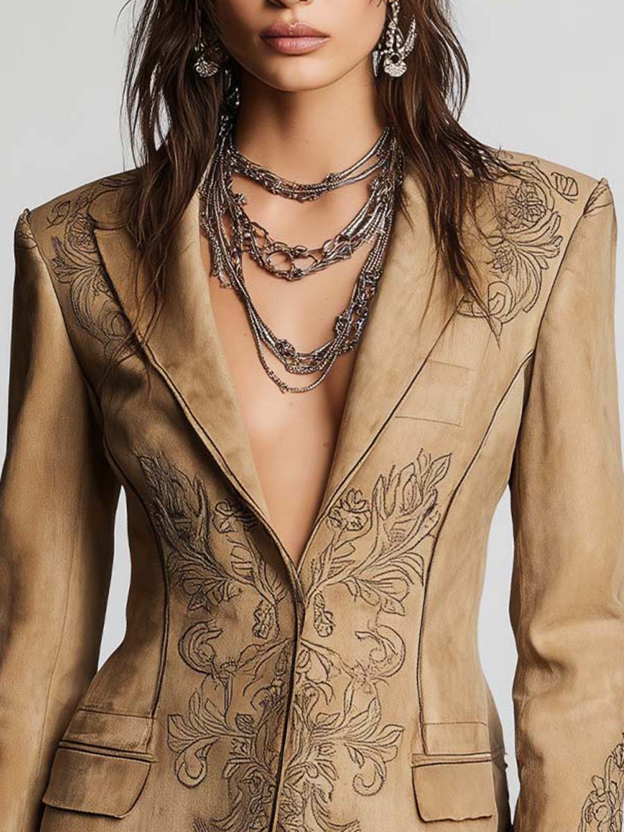 Western Distressed Khaki Twill Blazer Dark Floral Print Slim Fit Notched Collar Long Sleeve Casual Jacket