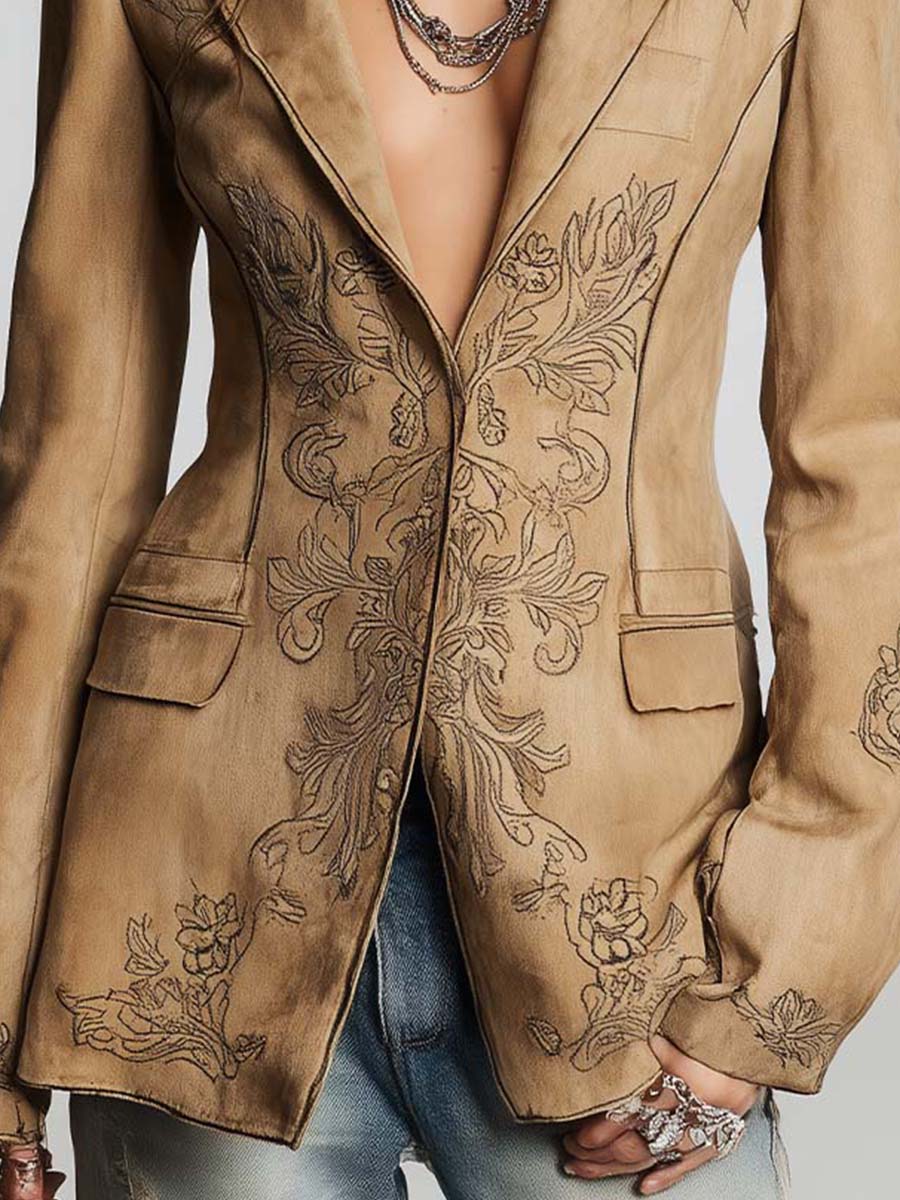 Western Distressed Khaki Twill Blazer Dark Floral Print Slim Fit Notched Collar Long Sleeve Casual Jacket
