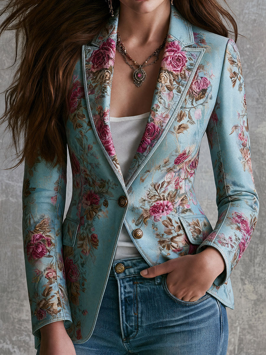 Retro Elegant Floral Print Lapel Button Down Blazer