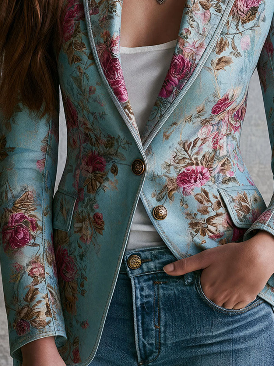 Retro Elegant Floral Print Lapel Button Down Blazer
