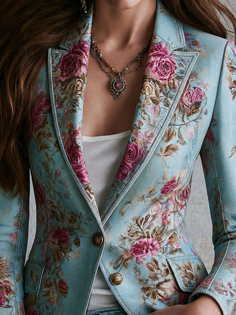 Retro Elegant Floral Print Lapel Button Down Blazer