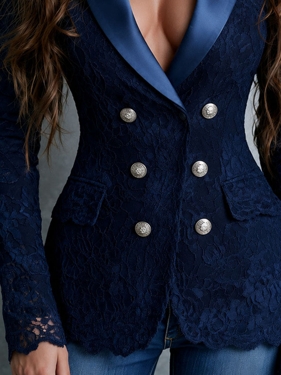 Retro Navy Satin Collar Double Breasted Lace Blazer