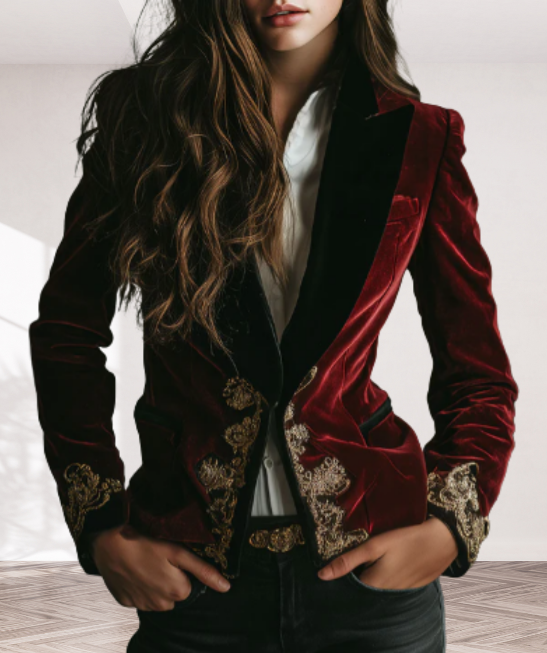 Elegant Black Collar Gold Luxury Embroidered Velvet Blazer