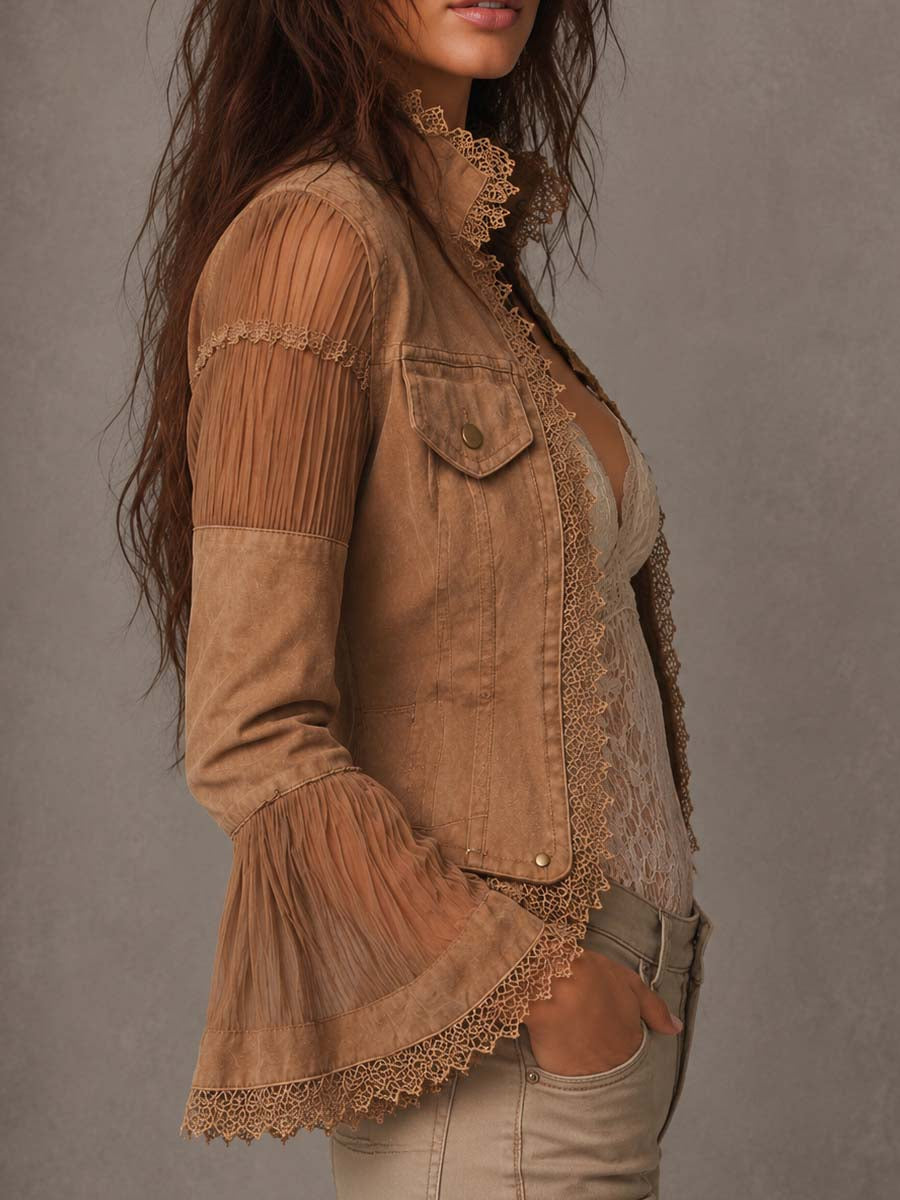 Boho Vintage Lace Trim Pocket Patchwork Sheer Flare Long Sleeve Jacket