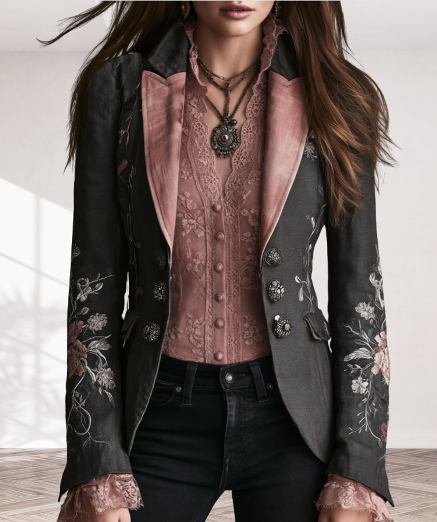 Retro Black Floral Embroidered Pink Satin Lapel Blazer