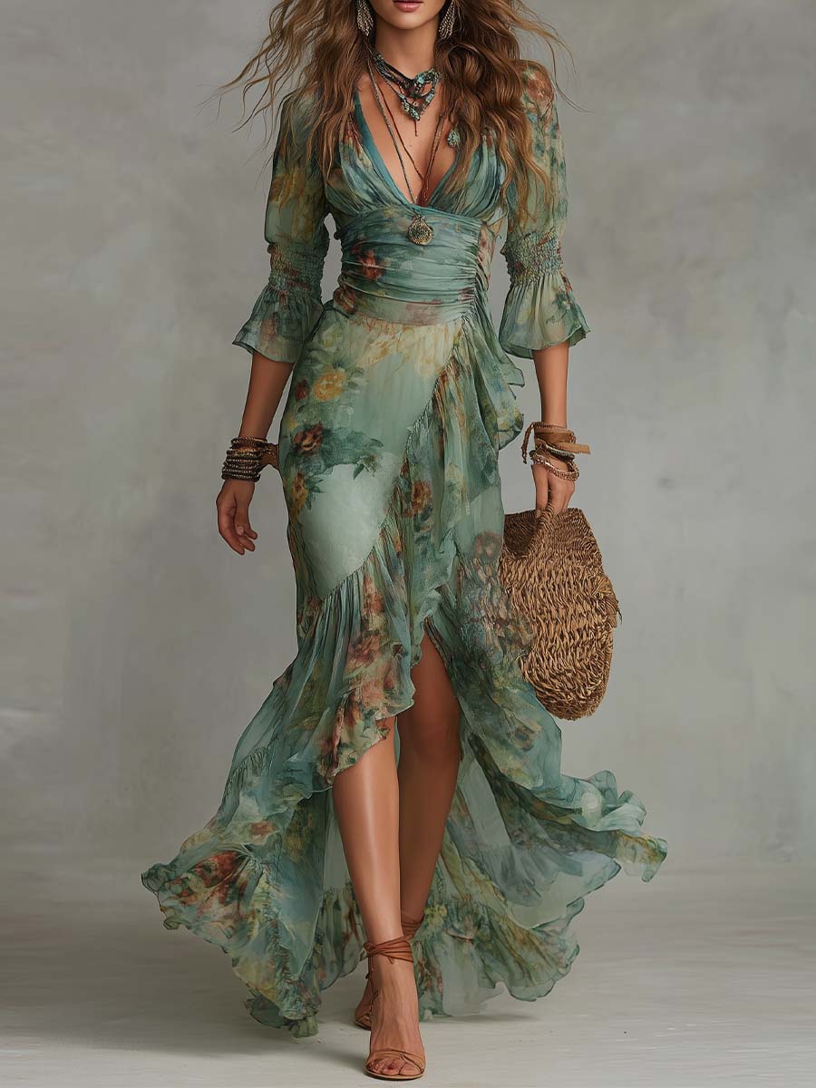 AURORA | FLORAL MAXI DRESS WITH ROMANTIC ASYMMETRIC HEM