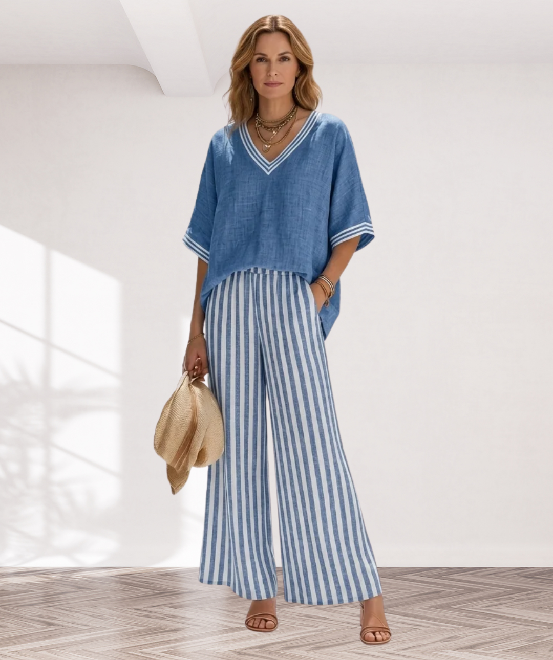 Juliana | V-Neck Varsity Top & Stripe Wide-Leg Set