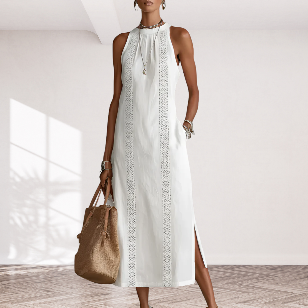 Jimena | Linen Midi Dress with Mao Collar