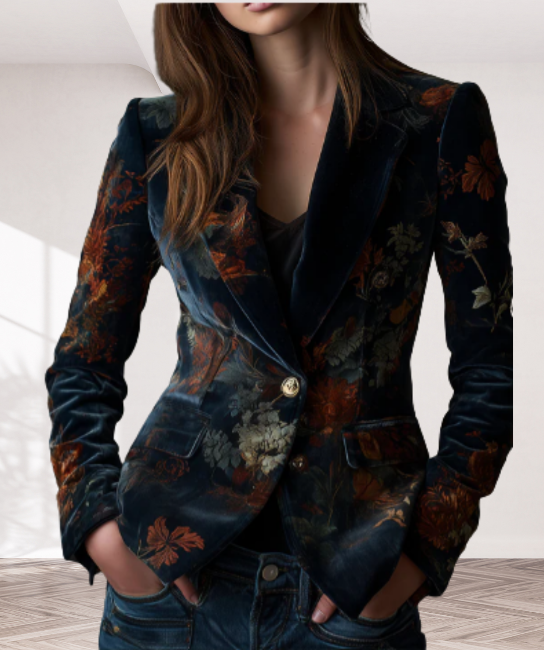 Vintage Floral Print Metal Button Polyester Velvet Blazer