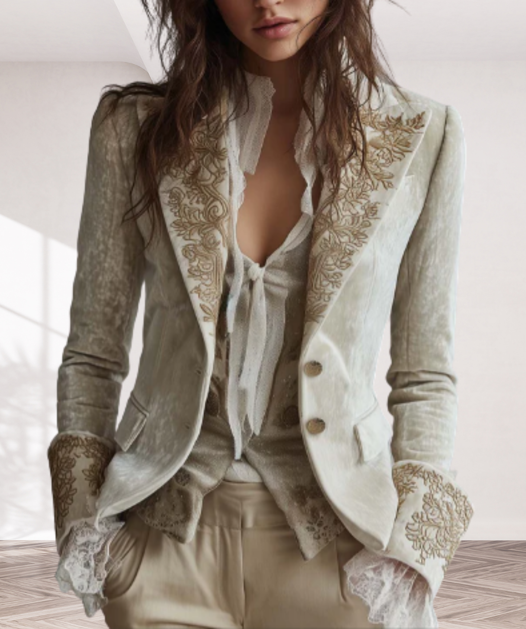Ivory Velvet Embroidered Blazer With Lace Cuffs