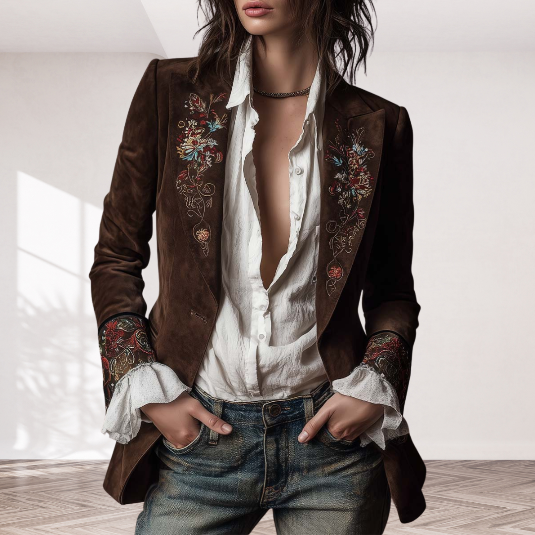 Vintage Brown Suede Blazer With Embroidered Details