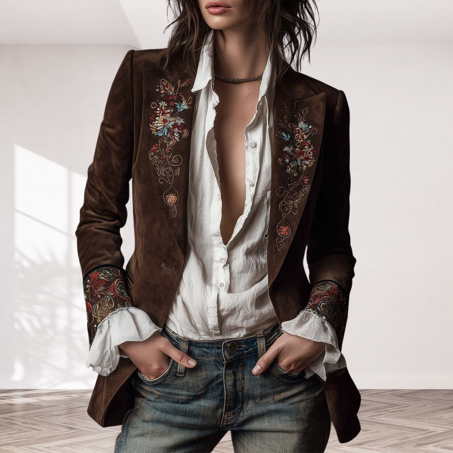 Vintage Brown Suede Blazer With Embroidered Details
