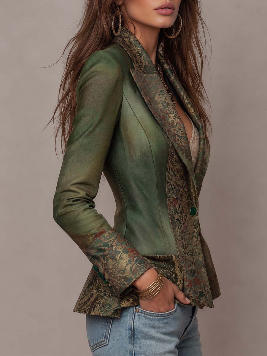 Vintage Floral Tapestry Contrast Lapel Cuff Single Button Fitted Olive Green Blazer