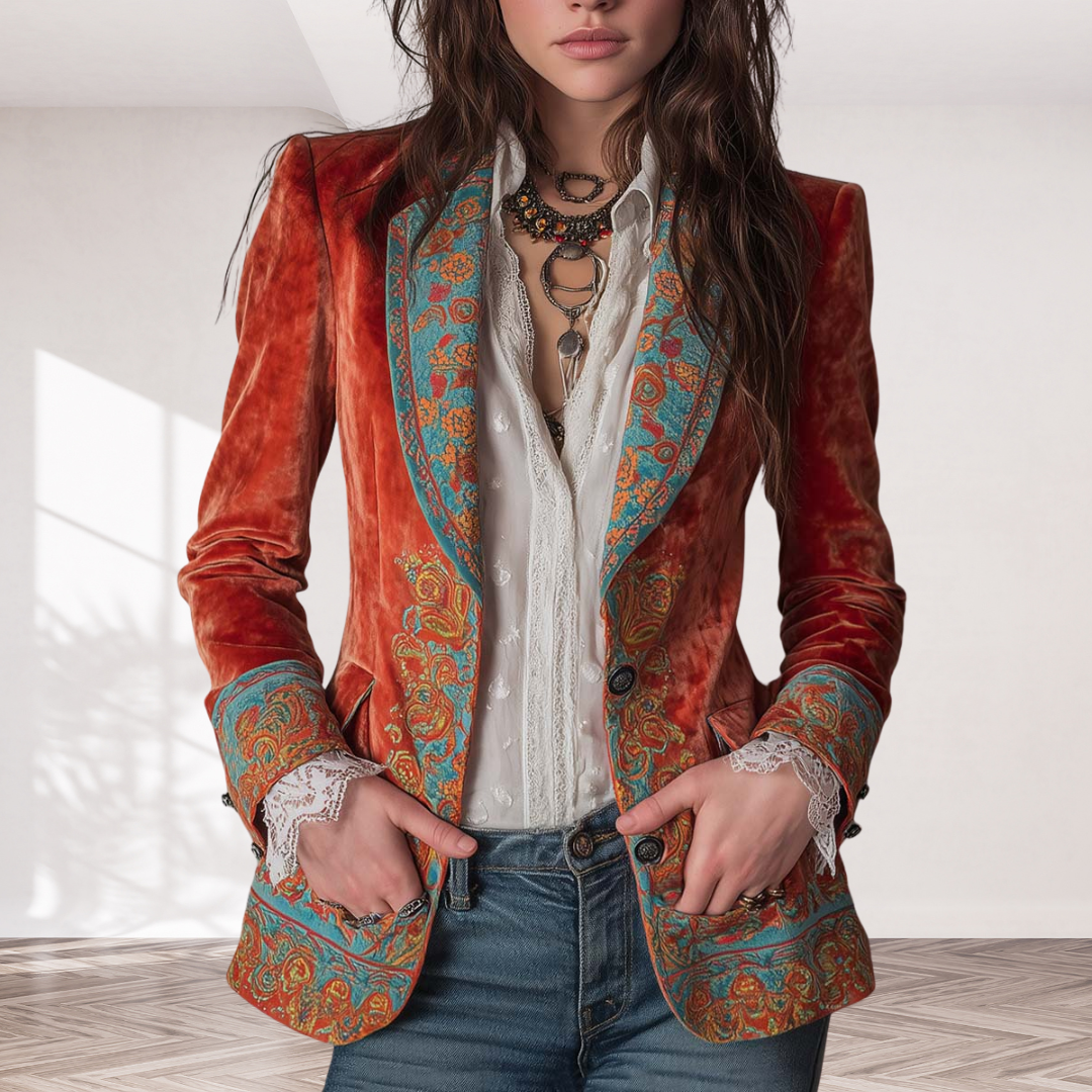 Retro Contrast Color Polyester Velvet Printed Blazer