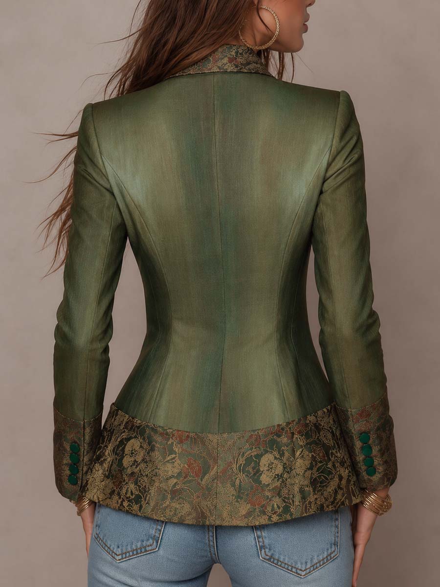 Vintage Floral Tapestry Contrast Lapel Cuff Single Button Fitted Olive Green Blazer