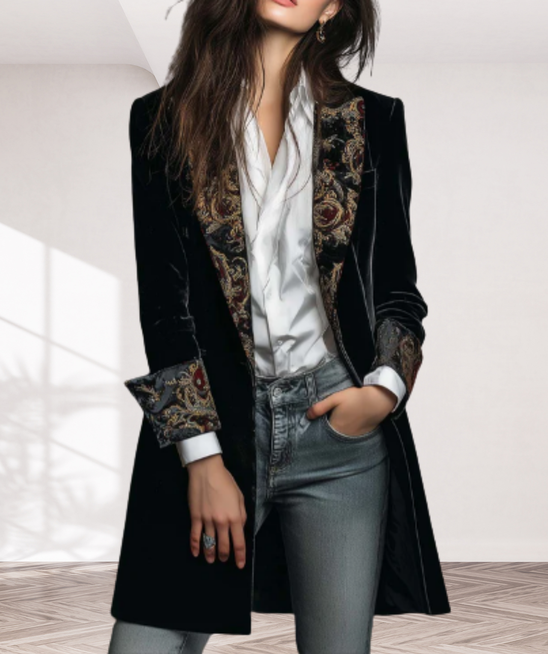 Timeless Vintage Luxury Black Velvet Blazer With Baroque Printed Lapel